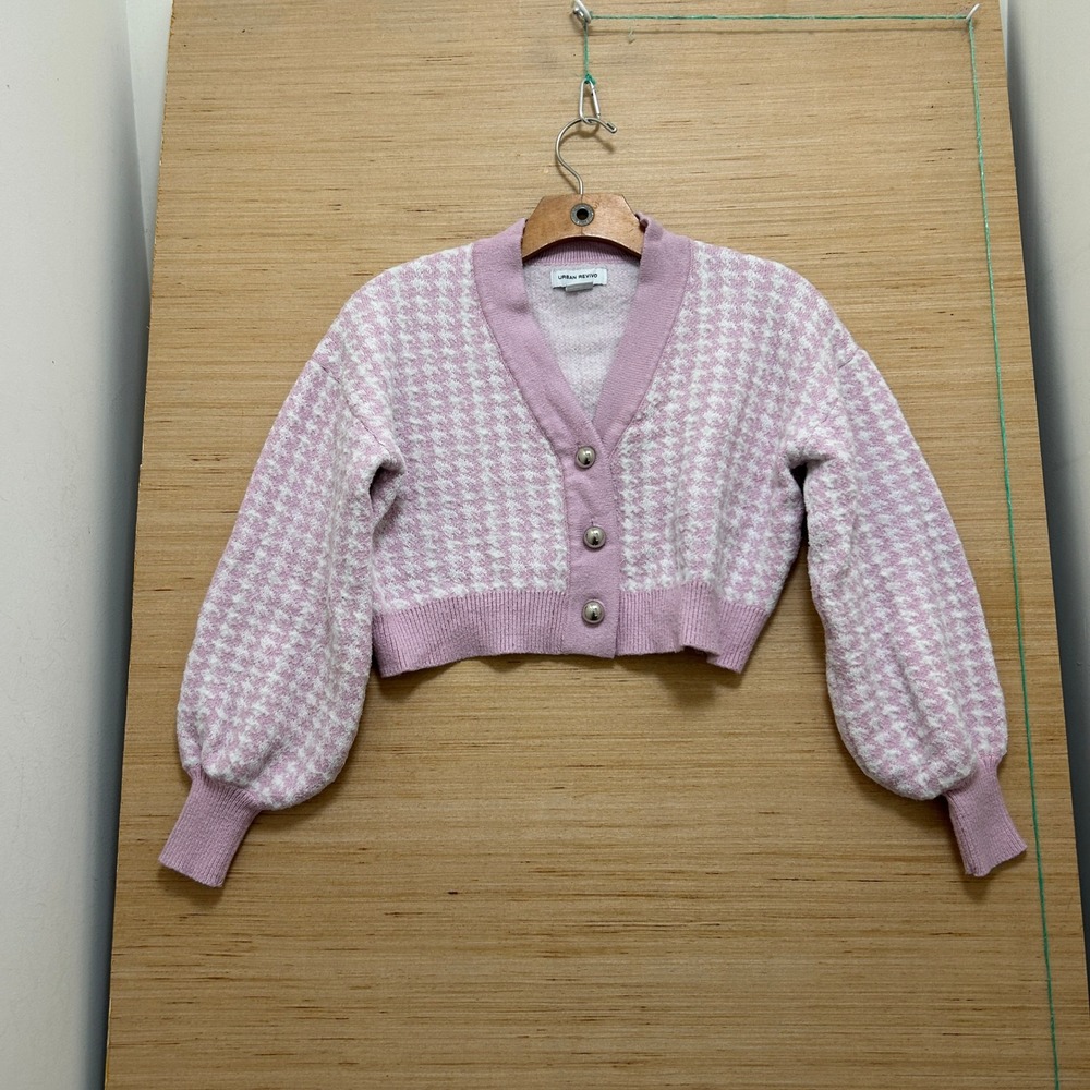 Urban Revivo Pink Houndstooth Cropped Cardigan Balloon Sleeve Metallic Button XS